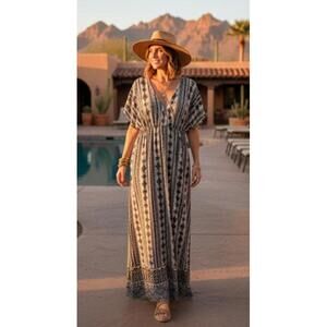 Cristina Love Faux Wrap Aztec Print Maxi‎ Dress Boho Stretchy Womens Size Small